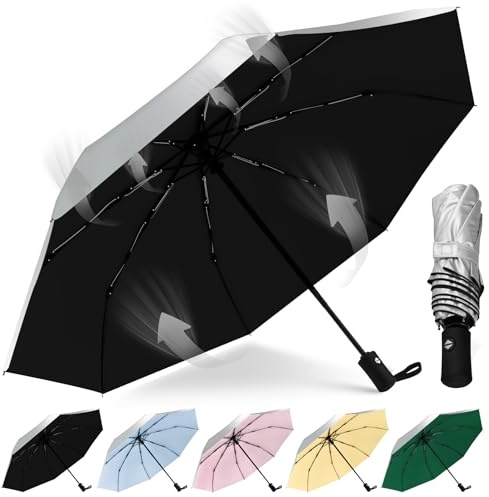 HEXSOLID 92/105CM Paraguas Plegable Antiviento Mujer Hombre UPF 50+Paraguas Para El Sol Con Filtro Solar Proteccion UV Portátil Viaje Con On Un Botón Automático Abierto y Cierre(Plata/Negro,92