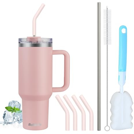 BuildLife Taza térmica para llevar de 40 oz, con pajita y asa, doble pared, aislado de acero inoxidable, a prueba de fugas, sin BPA, apto para lavavajillas (rosa, 1200 mililitros)