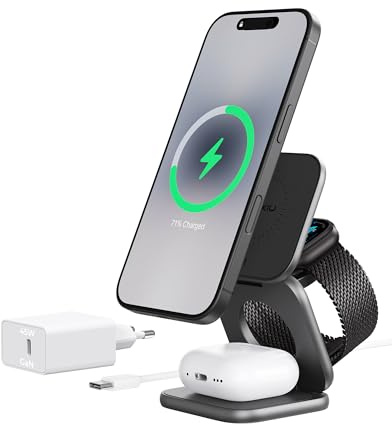 KU XIU X40 Turbo Qi2.2 25W Station de Charge sans Fil Magnétique, Chargeur 3 en 1 Pliable pour iPhone 17–12/Air, 5W pour iWatch Série 11–4/Ultra/SE & Écouteurs sans Fil, Design en Aluminium - Gris