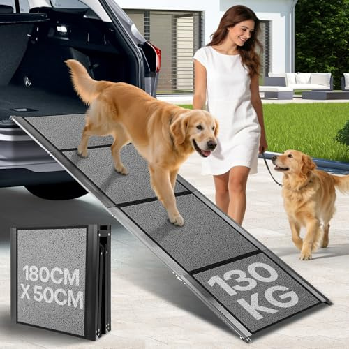 180CM Hunderampe, Aluminium Hunderampe Auto Klappbar, Rampe Hund mit Rutschfester Oberfläche, 50 cm Breiter Autorampe für Hunde bis 130KG, Einstiegshilfe Auto Hund für Autos, LKWs und SUV