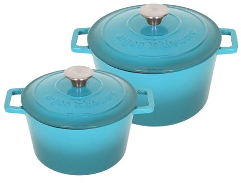 Argon Tableware Round Cast Iron Casserole Dish Set with Self-Basting Lid - 2.8L / 4.5L - Teal Ombre - 2 Piece Induction Hob Cooking Dutch Oven Bread Baking Serving Roasting Stew Stock Pot Cookware