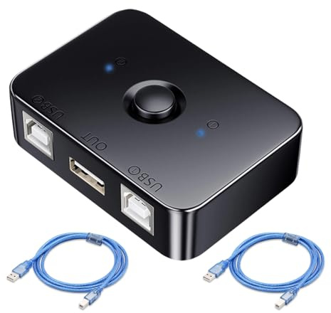 USB 2.0 Printer Sharing Switch, Adapter 2 USB Port mit LED | Inklusive 2 * 1,5m 2.0 Druckerkabel, Manueller USB-Adapter 2 PC 1 Drucker mit LED-Licht Switcher für PC, Drucker, Scanner