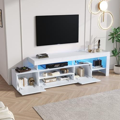 EURHCIO Meuble TV Blanc 192x37x53cm,Meuble Tele Brillant avec éclairage LED Réglable,6 Compartiments de Rangement,Design Distinctif,pour Téléviseurs D'environ 85 Pouces (H)