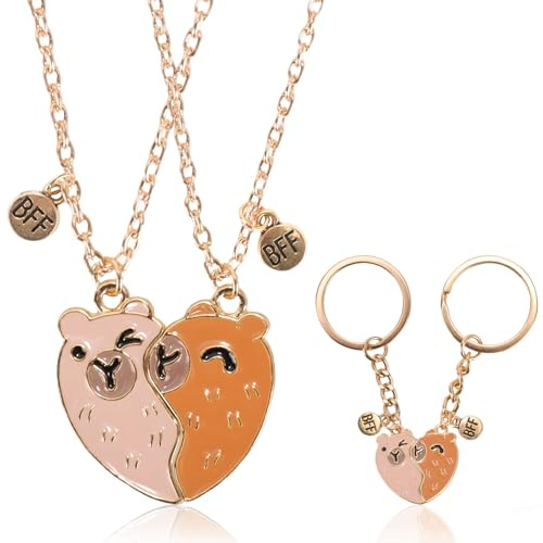 2 Piece Capybara Friendship Necklace + Best Friend Keyring, Capibara Friendship Necklaces for 2 Girls, Friendship Gifts for Women, Unique Christmas Secret Santa Female Bff Gift Bestie Birthday Present