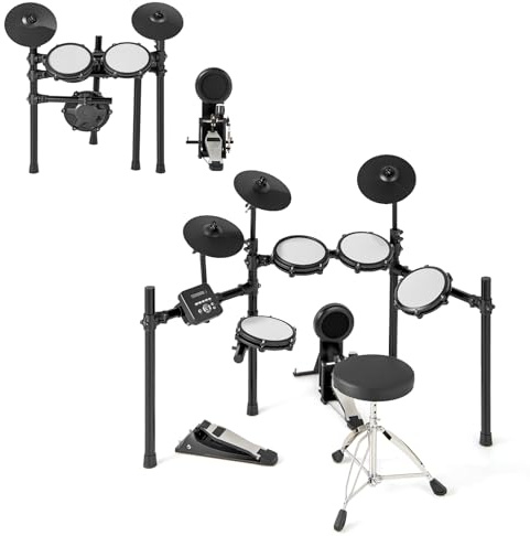 KOMFOTTEU E-Drum Sets mit 225 Sounds, E-Schlagzeug mit 30 Demos, 9 Metronome und Midi, Musikinstrument mit verstellbarem Hocker und Kopfhörer, Komplettset faltbar für Erwachsene, Kinder | Elektronisches Musikinstrument mit 30 Liedern, 9 Metronomen und Midi, verstellbarem Hocker und Kopfhörer