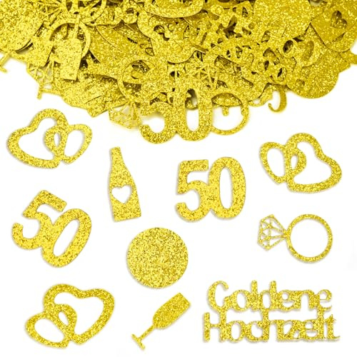 NISENTIA 100 Stück Goldene Hochzeit Deko Tischdeko, Hochzeitsdeko Ttisch Deko, Streudeko Hochzeit Glitzer Konfetti Gold, Goldene Hochzeitsdeko 50 Ringe Herz, Gold Tischdeko für 50 Jahre Hochzeitstag