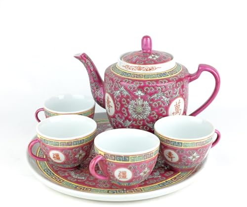 Juego de té chino vintage de porcelana rosa (tetera, 4 tazas, bandeja)