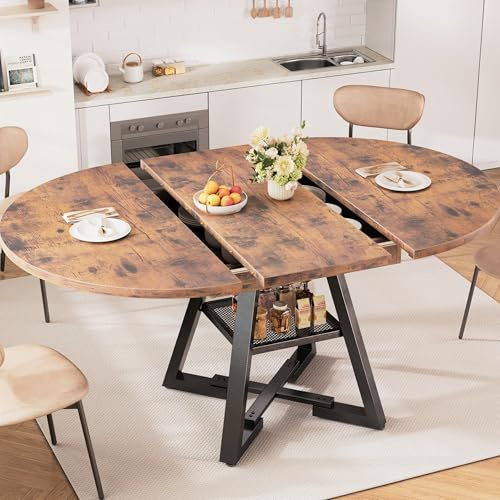 Jocoevol Round Dining Table Kitchen Dining Room Dinner Table for 4-6, Space Saving Extendable Oval Circle Furniture with Pedestal Base and Storage Shelf for Kitchen Living Room (Vintage, for 4-6)