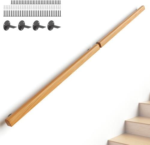 NArra 180cm/6ft Wooden Stair Railing,Wall-Mount Hand Rail for Indoor Stairs | Non-Slip Stair Handrail For Elderly,Child,Pregnant,210kg Load Safety Grab Bar For Deck,Loft,Porch(2 section With Fittings)