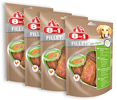 8in1 Fillets Pro Digest Hunde-Snack mit Hähnchen, funktionale Leckerlis für Hunde, unterstützt die Verdauung, 4 x 80 g Beutel