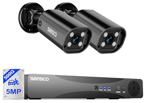 SANSCO Color Night Vision, CCTV Camera System Outdoor with 500GB Hard Drive | 2-Way Audio, 2 x 5MP Wired Home Security Camera, Face/Human/Vehicle Detection, No Monthly Fee, P2P, Expandable System