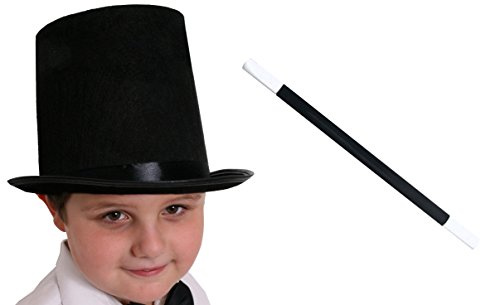 ILOVEFANCYDRESS® - Conjunto de disfraz de mago para niños, sombrero negro de 55 cm de cabeza + varita mágica para niños