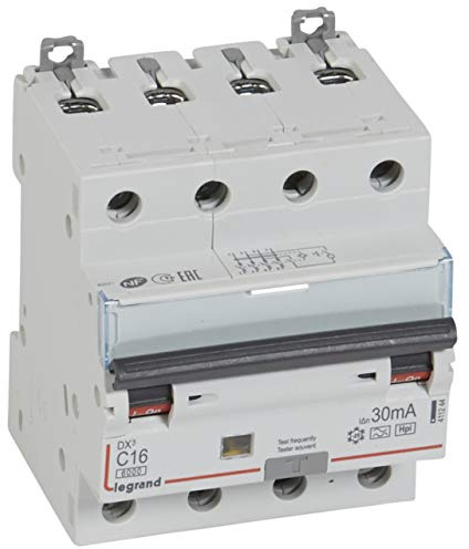 Legrand 411244 Disjoncteur différentiel monobloc DX³6000 10kA arrivée haute et départ bas à vis, 4P, 400V, 16A typeF, 30mA