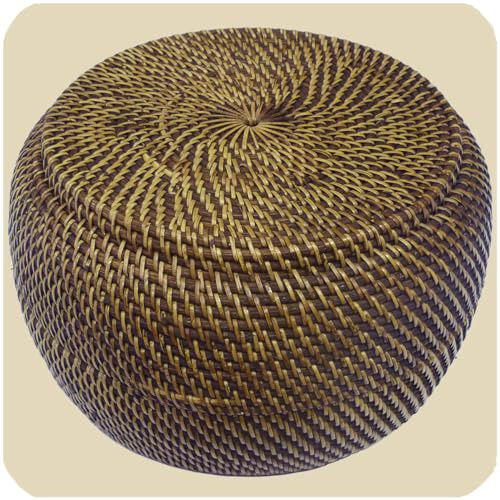 Korbschale mit Deckel aus 100% Ata, Rattan Palme, dekorative Unikate Korb-schale Holz-korb Allzweckkorb Handarbeit natur rund 29x14 cm