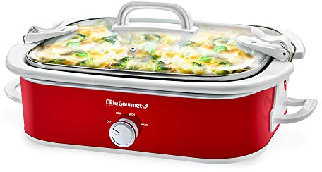 Elite Gourmet MST-5240 Casserole Crock Slow Cooker, Locking Lid Adjustable Temperature Keep Warm Oven & Dishwasher-Safe Casserole Pan, 3.5Qt Capacity, Red