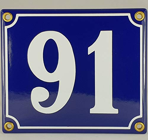 Hausnummer Emaille Schild Nr. 91 Blau-Weiß Handarbeit