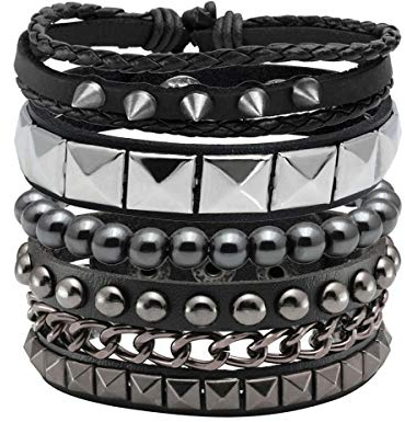 Eigso 4 Pcs Punk Leather Bracelet Hematite Black for Men Women Adjustable Spike Metal Cuff Bangle