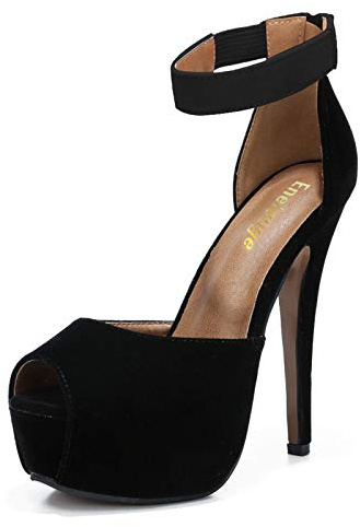 Enelauge Women's Platform High Heels Ankle Straps Sandals Peep Toe Stiletto Pumps Wedding Party Dress Shoes Black Velvet 38-8US