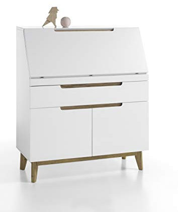 Möbel-Store24 Sekretär Schreibtisch Schrank weiß matt MDF Asteiche furniert Massiv Klappe 97 cm T08 Cervin M48648WE5