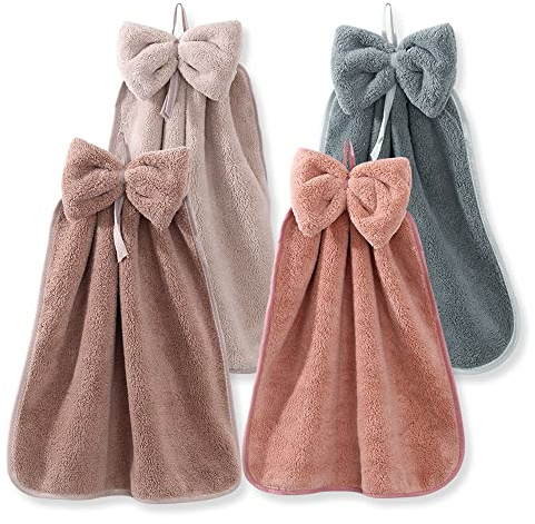 BOJVESH 4Pcs Bowknot Hanging Hand Dry Towels, Microfiber Coral Velvet Hand Towels Hanging Loop, Absorbent Super Soft Cute Hand Towels for Kitchen Bathroom Kids Adults…