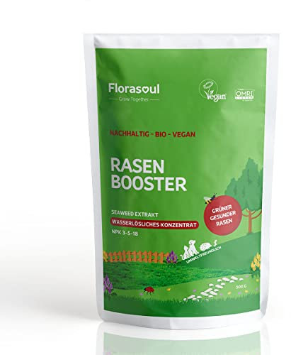 Florasoul® Rasen Booster – Bio Veganer Rasendünger | Grüner & Gesunder Rasen von Frühjahr bis Herbst | Tierfreundlich, Wasserlöslich, 500g für 800m²