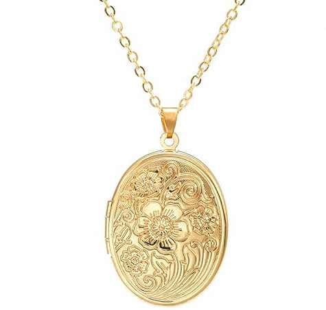 HMOOY Medaillon Halskette, Gravierte herzförmige Medaillon Anhänger Halskette Das Hält Bilder Personalisierte Foto Medaillon Halskette Erinnerungskette für Damen (Oval-Gold)