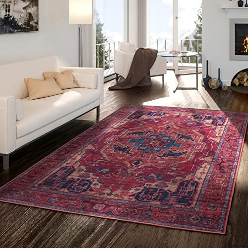 TT Home Wohnzimmer Teppich Esszimmer Waschbar Flachgewebe Used Look Marokko, Farbe: Rot 3, Größe:240x340 cm