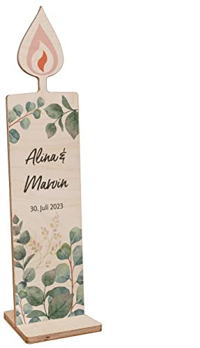 Herz & Heim® Holzaufsteller als Hochzeitskerze, 80 cm, verschiedene Motive, mit Wunschnamen und Datum Eukalyptuszweige
