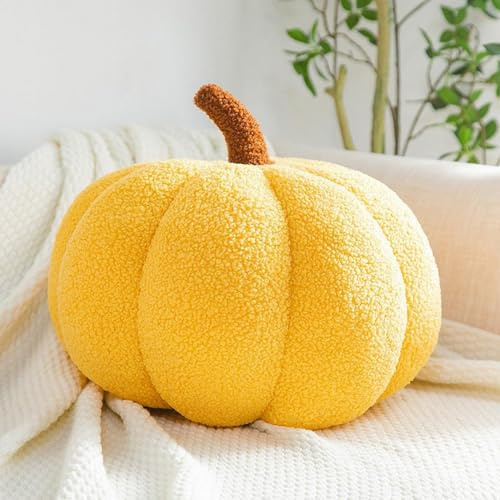 NatureMan Cuscino in peluche a forma di zucca di Halloween, morbido, regalo per la decorazione della casa, bomboniere (28 cm, giallo)