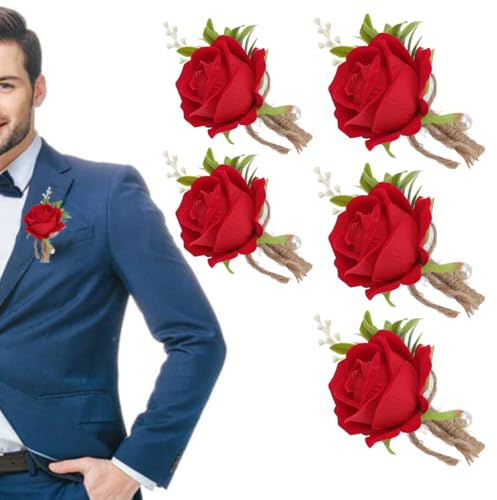Tissting Boutonniere Rose, Elegantes künstliches Rosen-Corsage Set mit Pin Fixierung 13 x 8 cm Kunststoff für Hochzeitsbräutigam Braut Brautjungfer Bankett Party