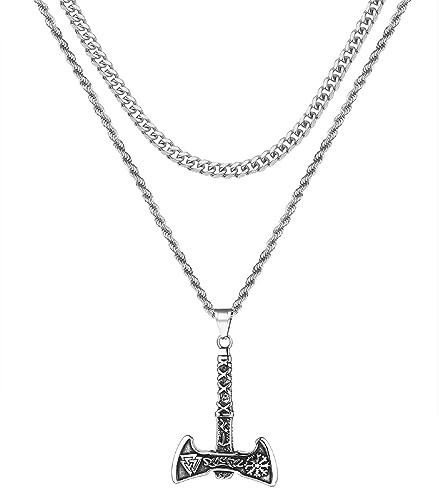 OIDEA Herr viking Tors hammare halsband: 2 dubbla kedjor pansarkedja & snörkedja med yxa hammare hänge nordisk viking smycke present för män vän far, Rostfritt stål