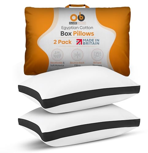 Premium Egyptian Cotton Box Pillows Hotel Quality Pillows for Back Stomach and Side Sleepers Down Alternative Filling Bed Pillow Hypoallergenic Breathable Washable Cover (Pack of 2) (Black)