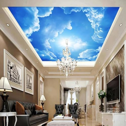 SABORR Selbstklebende PVC-Deckentapete 3D-Wandbild blauer Himmel weiße Wolken Sonnenlicht Natur Wohnzimmer Schlafzimmer Dachhintergrund Wanddekoration Aufkleber