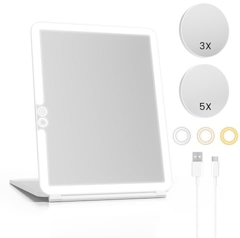 Dripex Kosmetikspiegel mit Beleuchtung, Led Schminkspiegel mit 5X, 3X Vergrößerung und 3 Farblichter, Dimmbarer Touchscreen Tischspiegel, Faltbarer Makeup Spiegel, USB Aufladen