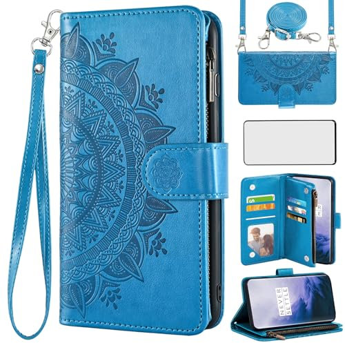 Asuwish Funda para OnePlus 7 Pro, funda con banda y lámina protectora de pantalla, tarjetero plegable, piel, flores, monedero, soporte 7Pro GM1913, cremallera, cartera, funda protectora para teléfono