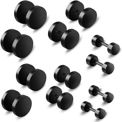 6 Pairs Flat Back Earrings, Black Earrings for Men Women Fake Plugs Faux Gauges Plugs Earring Stainless Steel Stud Earrings (4-10mm)