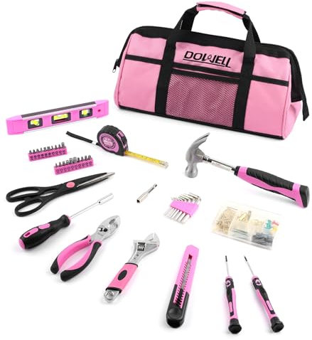 DOWELL Kit d'outils 140 pièces rose pour femmes, filles, dames, ensemble d'outils ménagers avec sac à outils de 35,6 cm