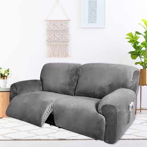 Sesselschoner für Relaxsessel 2 Sitzer Sesselüberwürfe mit Taschen, 6 Stück Stretchhusse Sofaüberwürfe für Wohnzimmer Sofa Fernsehsessel Sesselbezug Samt Waschbar (grau)