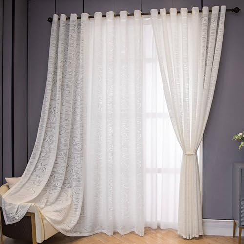 Homxi Voile Gardinen Halbtransparent 2er Set,2 x 102W x 244H cm,Vorhänge Transparent Weiß Einfarbig mit Wellenmuster Vorhänge Wohnzimmer mit Ösen
