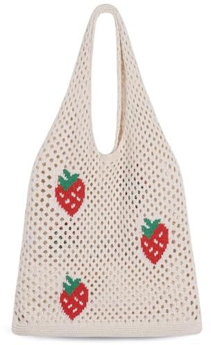 Etercycle Strandtasche Damen Häkeltasche für den Sommer, Umhängetasche Netz-Stricktasche für Reisen Einkaufen und Alltag (Erdbeere)