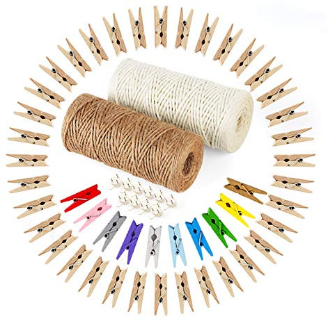 Holzklammern klein, 200 Wäscheklammern Holz mit 120m Juteschnur für Fotogirlande, Mini Wäscheklammern Fotoseil für Fotos Bilder Collagen Postkarten Geschenke, Hochzeit, Adventskalender Deko