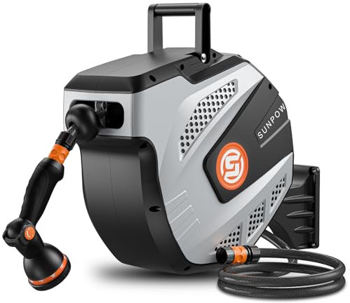 SUNPOW Wand Schlauchbox RollUp 15m- Schlauchtrommel Wandmontage Mit 10 Funktion Sprayer Düse - Jede Länge Schloss & Auto Rewind System, 180° Schwenkbar - Grau