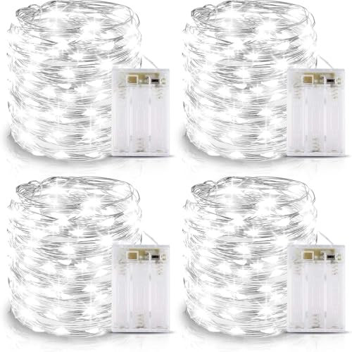 Lichterkette Batterie Timer, 4er 6M 60 LED Lichterkette mit Batterie, IP65 Wasserdichte Kupferdraht Lichterketten mit Timer für Zimmer Party Weihnachten Weihnachtsbaum Halloween Hochzeit (Kaltweiß)