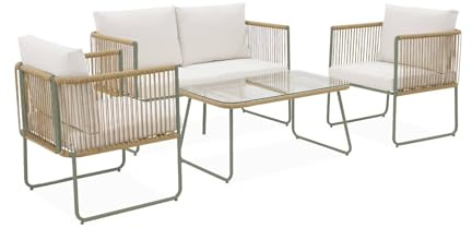 sweeek - Loungeset aus verzinktem Stahl mit Kunststoffbespannung, Couchtisch aus gehärtetem Glas, 4 Sitzplätze