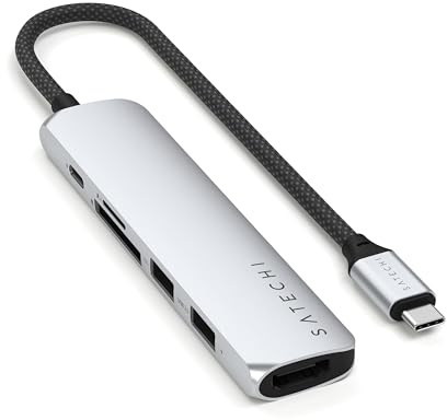 SATECHI 6 en 1 Hub USB C Slim Plus Adaptador Multipuerto con Carga PD 100W, HDMI 4K@60Hz, 2 Puertos USB-A 10Gbps y Lectores SD/microSD para MacBook Air & Pro, PC Portatil y más – Plata