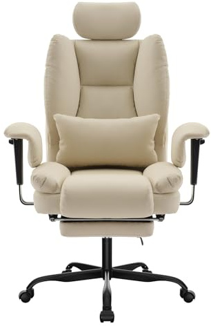 WOTSTA Bürostuhl Ergonomisch 200kg, Computerstuhl mit Lendenwirbelstütze und Fußstütze, Hoher Rückenlehne Ergonomischer Schreibtischstuhl mit Anhebbarer Kopfstütze, Chefsessel Beige