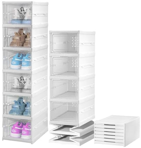 Trintion Shoe Boxes, Stackable Shoe Storage Organizer, Integrated Shoe Cabinet, Foldable and Portable, Fits up to UK Size 12, 60s Assembly, Transparent (6)