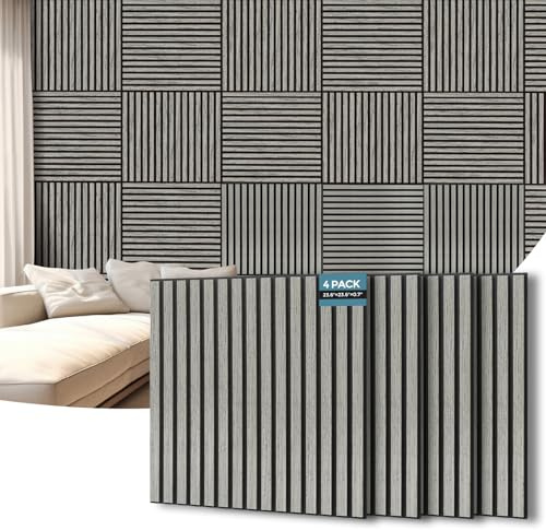 AKUMAX Lot de 4 panneaux muraux acoustiques à lattes en bois 3D pour mur, plafond et insonorisation, panneaux muraux en bois pour salon, chambre à coucher, ignifuges et FSC, 243,8 x 61 cm (sineroak)