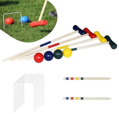 YRHome Krocket Spiel Outdoor Croquet Set Gartenspiel Krocketspiel aus Holz Geschicklichkeitsspiel Traditionelle Holzspielzeug für 4 Spieler Kinder Erwachsene mit Holzheringe Wickets Bällen Schlägeln