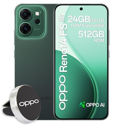 OPPO Reno14 FS 5G AI Smartphone, Tripla fotocamera 50+8+2MP, Selfie 32MP, Display 6.57” 120HZ AMOLED FHD+, 6000mAh, RAM 12GB(Esp4GB/8GB/12GB)+ROM 512GB, Supporto Auto [Versione Italia], Luminous Green